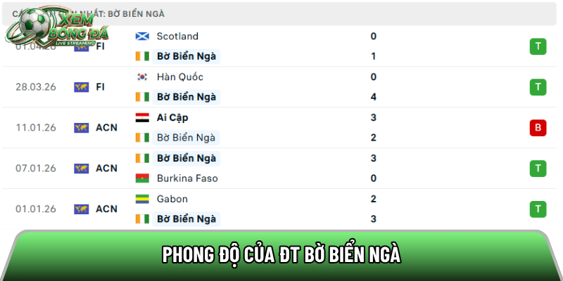Phong độ của ĐT Bờ Biển Ngà