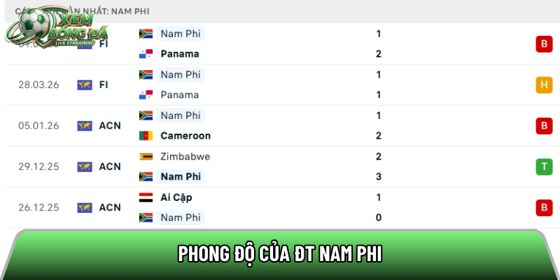 Phong độ của ĐT Nam Phi